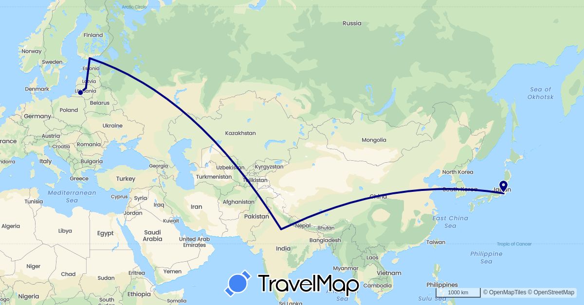 TravelMap itinerary: driving in Finland, India, Japan, Lithuania (Asia, Europe)