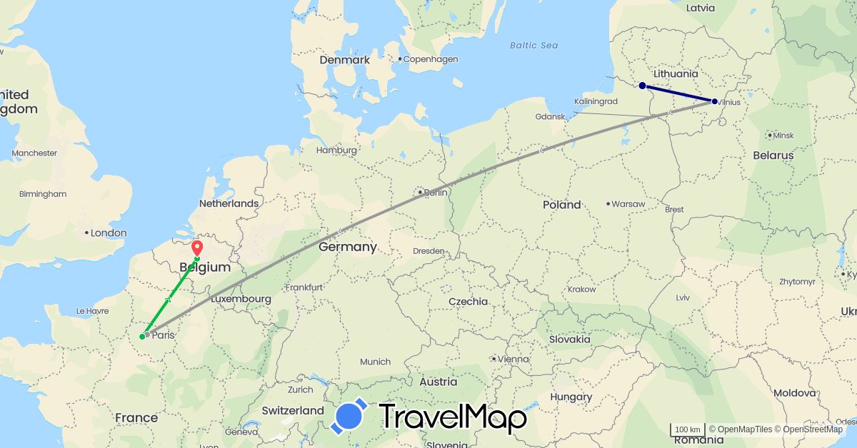 TravelMap itinerary: driving, bus, plane, hiking in Belgium, France, Lithuania (Europe)